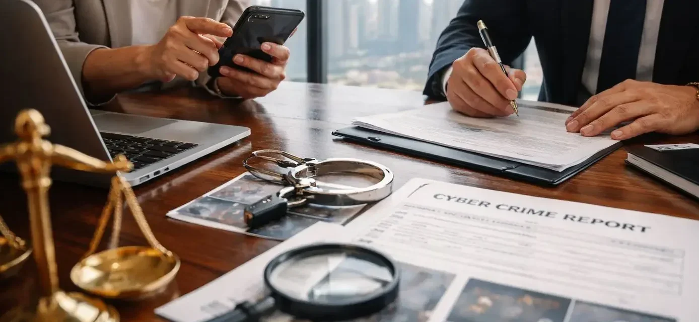 Lawyer explaining how to file a cyber crime case in Dubai while reviewing digital evidence